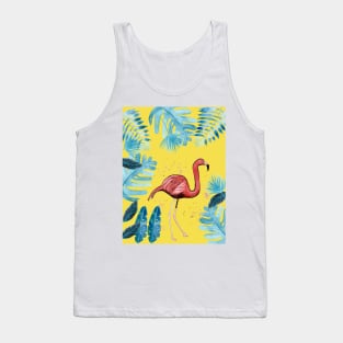 Flamingo with tropical leaves and a yellow background Tank Top